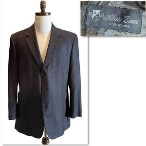 Alberto Zimni Signature Suit Jacket Blazer Tweed Black Blue 44R Wool Silk Formal